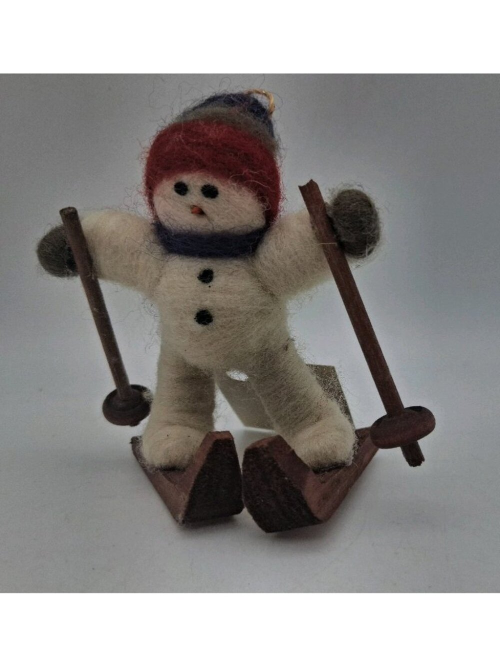 Felted Wool  Snowman on Skies Christmas Ornament Decor 3.5" Tall NWT